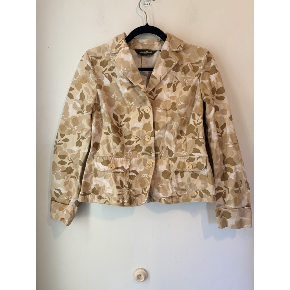 Eddie Bauer Floral Blazer Womens Small Tan Cotton Jacket Button Front Y2k Style